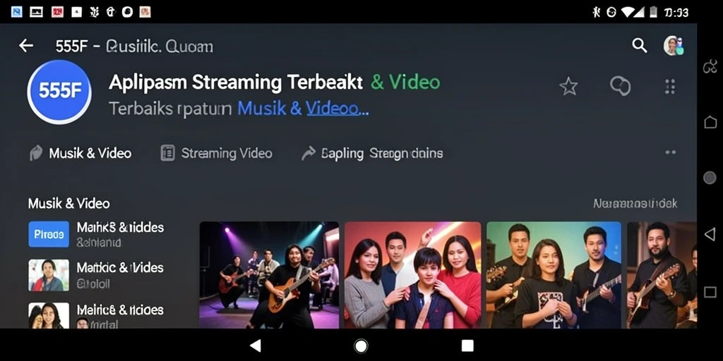 Antarmuka aplikasi 555F menampilkan berbagai pilihan musik dan video.
